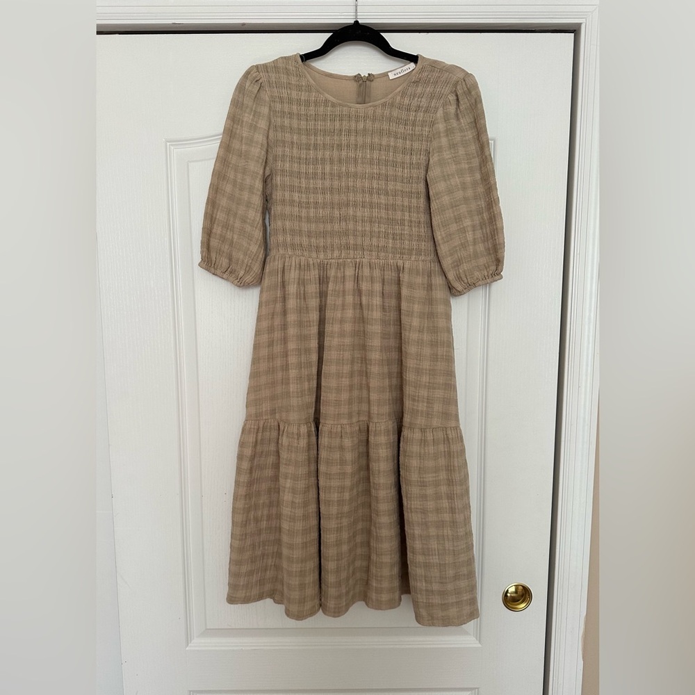 Tan Tiered Midi Sundress with Puff Sleeves